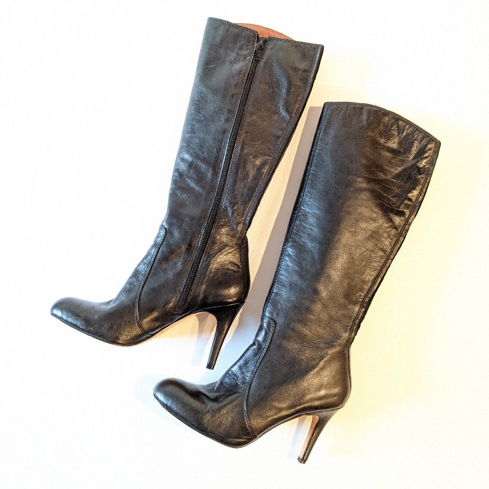Corso Como Black Tall Leather Stiletto Heel Almond Toe Boots Women's Size 7